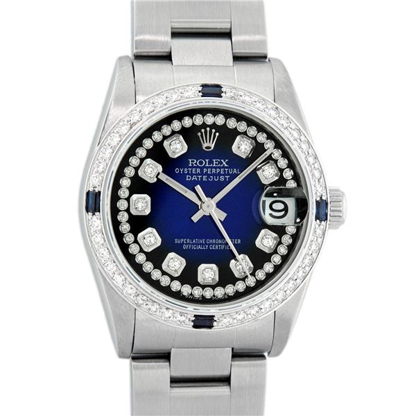 Rolex Womens Midsize 31mm Blue Vignette String Diamond & Sapphire Datejust Wrist