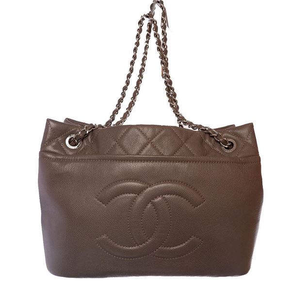 Chanel Taupe Caviar Leather Timeless CC Soft Shopping Tote Bag