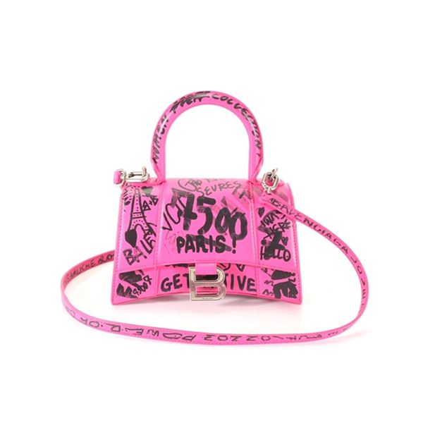 Balenciaga Pink Graffiti Printed Calfksin Leather Hourglass XS Top Handle Should