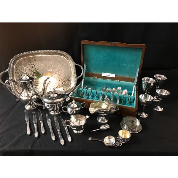 Silver Plate Coffee & Tea Set w Tray, Cream & Sugar Bowl, Scuttle & Scoop, Tray & Goblets.  Stainles