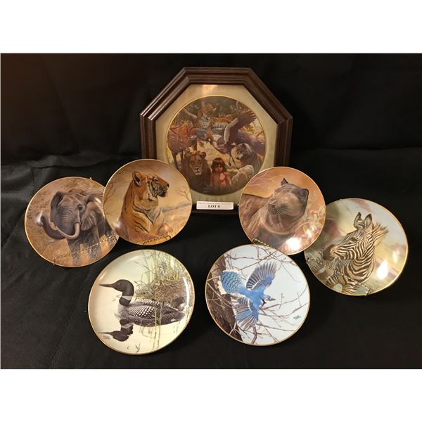 5 Gregory Perillo Animal Plates,  Professionally Framed Peaceable Kingdom Plate & 3 Glen Loates Bird