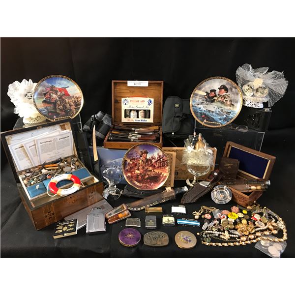 Wood Working Tools in Wood Box, Costume Jewellery, 50 Cdn Coins, Thirst Aid Survival Kit, Flask, Com