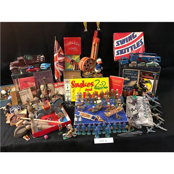 WWI Pewter Soldiers, Tiddeldy Winks, Spot Shots, Marbles, Swing Skittles, Vintage Donald Duck, Asst 