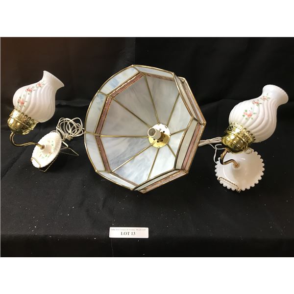 Vintage Brass & Glass Swag Lamp and Pair Milk Glass Wall Sconces