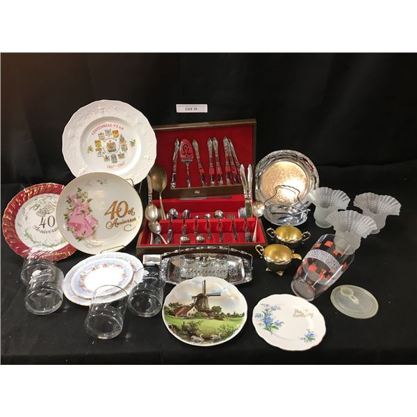 Rogers Premier Stainless Cutler & Wood Box, Mid Century Modern Martini Shaker, Asst Plates, Cups, Gl