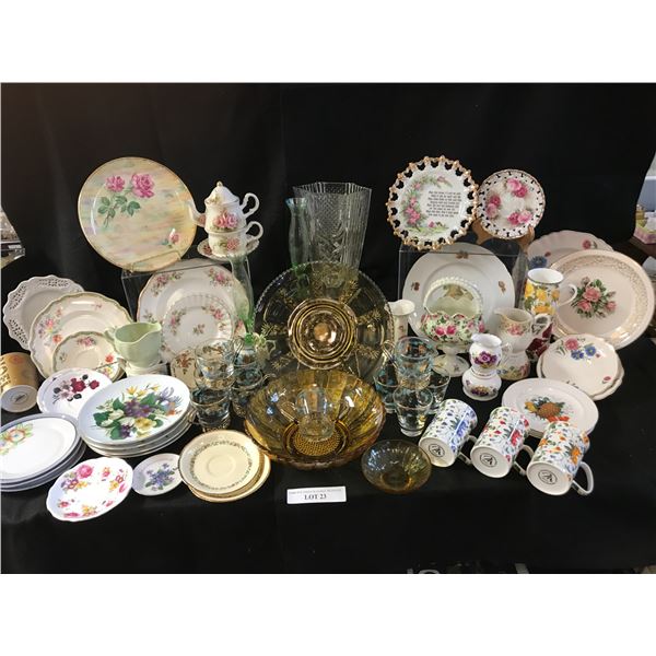 Mid Century Modern Glass Set, Amber Bowls & Serving Platter, 2 Green Glass Bud Vases, Set of Floral 