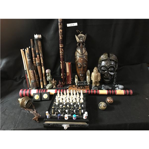 2 African  Masks, Resin Chess Set, Recorder, Dart Thrower, Didgeridoo, Resin Inuit Carvings, 2 Medal