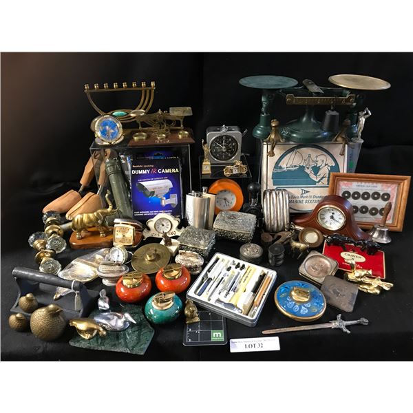 5 Vintage Lighters, Chinese Coins, 3 Decorative Boxes, Asst Mantle/Alarm/Desk Clocks, 2 Flash Lights