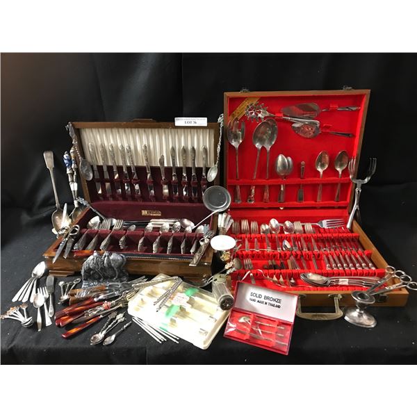 2 Sets of Stainless Steel Cutlery in Wood Boxes, Baby Cup, Solid Bronze Mini Cutlery Set from Thaila