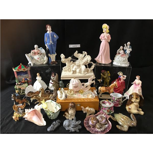 Resin Greek Sculpture, 3 Royal Doulton Figurines, Mickey Mouse & Fireman, Floral Cream/Sugar Bowls, 