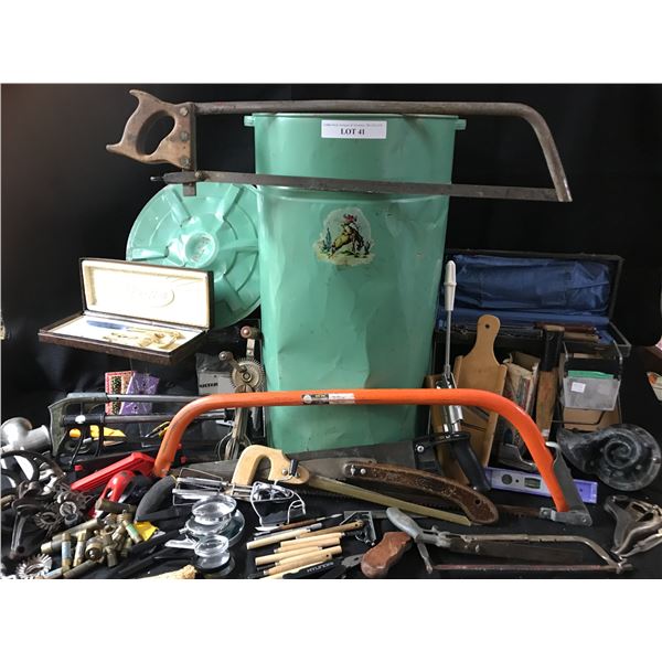 Meat Grinder, Spare Bits, Asst Tools, Egg Beater, 5 Magnifying Glasses, Light Switch Covers, Gr Can