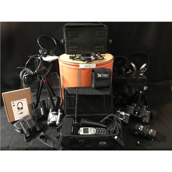 Blackwire Plantronics Headphones, Telus Motorola Saddle-light Phone,  Assorted Binnoculars, Blue Too