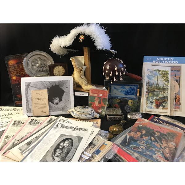 Owen Garrat Takin' A Peek Ltd Print, Pewter Plate, Porcelain Boot, African Rattle, Wesclox Clock, 2 