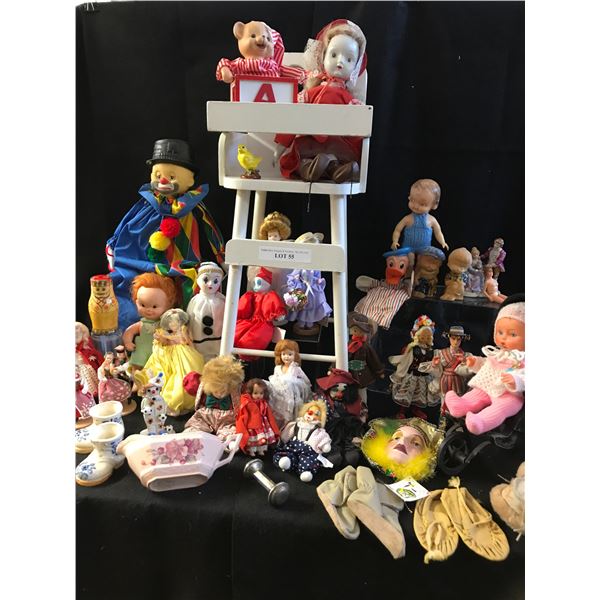 Lg Variety of Vintage Dolls, Clowns, Baby Rattle, Porcelain Shoes/Clown/Gravy Boat/Chick Ornament, H