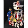 Image 3 : Lg Variety of Vintage Dolls, Clowns, Baby Rattle, Porcelain Shoes/Clown/Gravy Boat/Chick Ornament, H