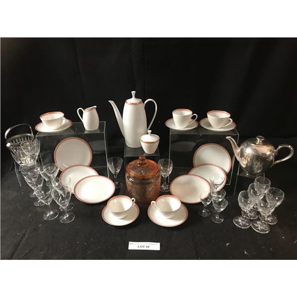 Arzberg Teapot/Teacups/Plates/Cream & Sugar Bowl, Crystal Wine Glasses & Sm Ice Bucket, Rose CookieJ