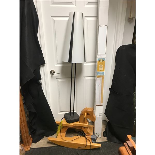 Children's Wood Rocking Horse, Hampton Bay 3 1/2” PVC White Vertical Blinds & Black and White Floor 