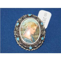 Antique 1890's 800 Fine Silver Hand Painted Brooch