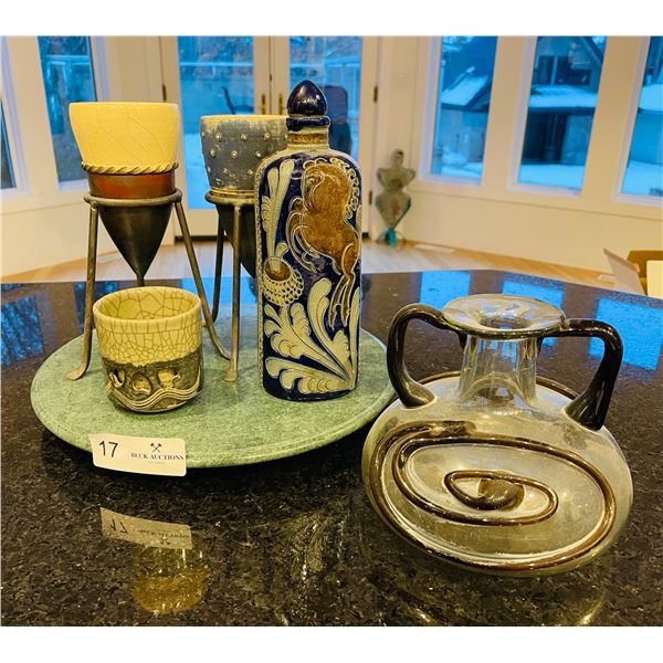 Pottery Cones, Enamelled Bottle, Lazy Susan Lot