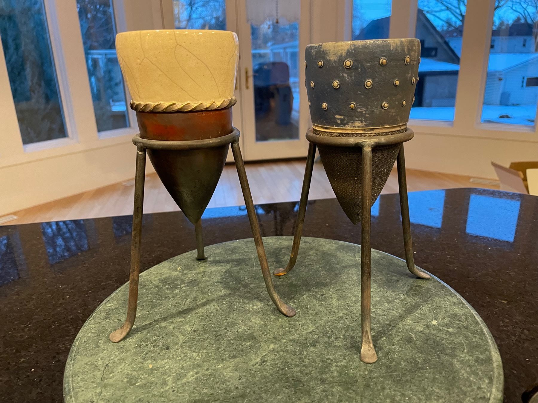 Pottery Cones, Enamelled Bottle, Lazy Susan Lot