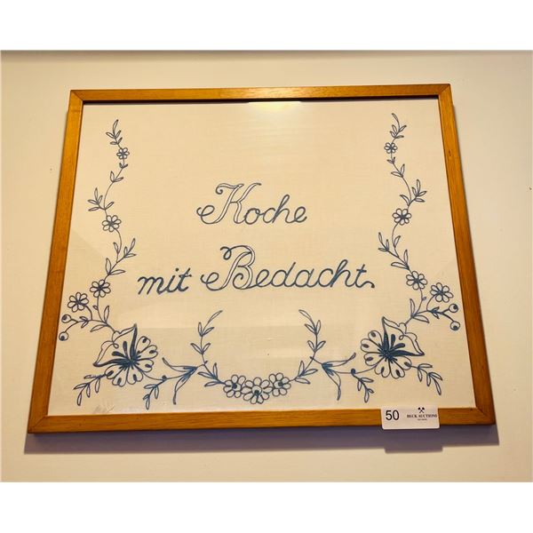 Framed German Hand Embroidered Linen Cloth “Cook With Care”