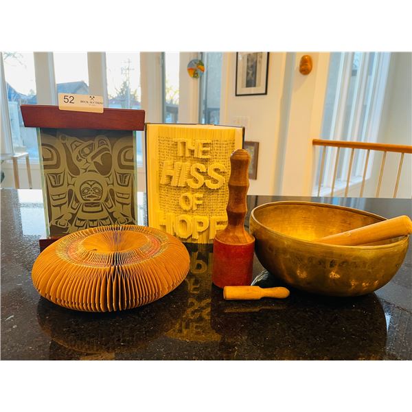 Bookshelf Decor Items, Origami Book and Singing Bowl