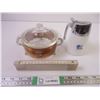 Image 1 : Small Fire King casserole w/metal holder, Cream dispenser, measuring stick
