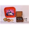 Image 1 : wooden Box w/ 5 Silver Plated Pickle Forks and 4 Silver Plated Spreaders, (3) Tea Spoons, Tin Tray a