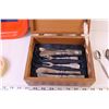 Image 2 : wooden Box w/ 5 Silver Plated Pickle Forks and 4 Silver Plated Spreaders, (3) Tea Spoons, Tin Tray a