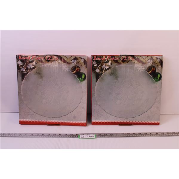 (2) Round Christmas Themed 12.5” Platters (New Old Stock)