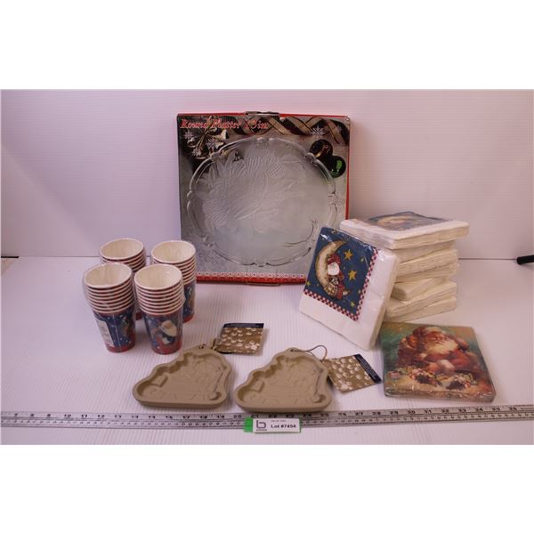 (9) Packages of Christmas Napkins, (4) Packages of Christmas Paper Cups, 13” Round Christmas Platter