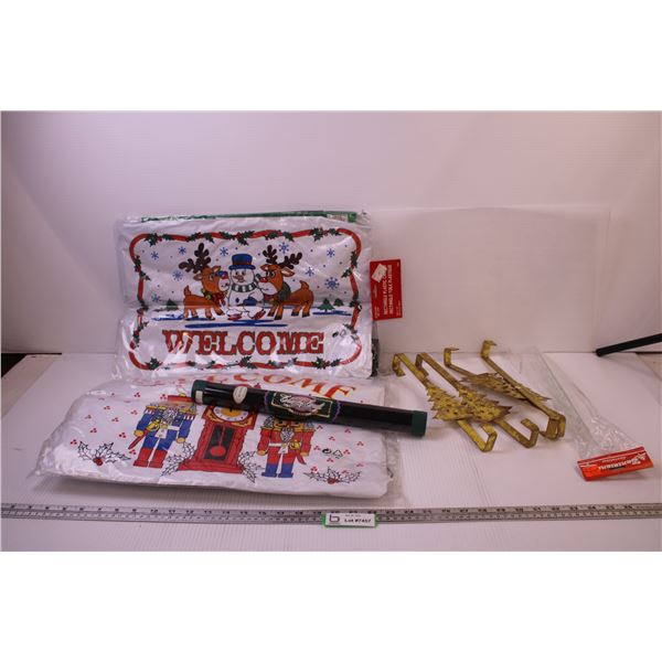 (2) Novelty Mats, (5) Wreath Hangers, Black Cross Stitch Fabric (New Old Stock)