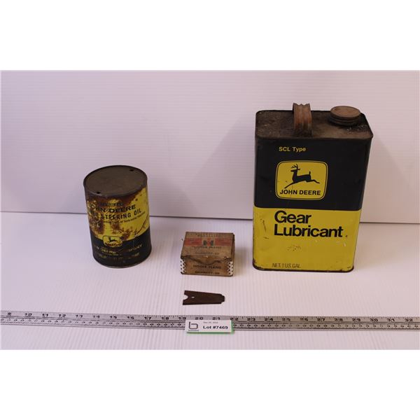 Box of Vintage International Harvester Ledger Blades + John Deere Steering Oil Can (Canadian Quart) 