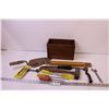 Image 1 : Wooden Box from a”S.E.” Shortwave Tuner, Collapsible Meter Stick + Assorted Tools