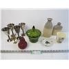 Image 1 : (4) Metal Goblets - Green Glass Candy Dish - (2) Vases misc Items