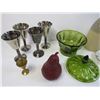 Image 3 : (4) Metal Goblets - Green Glass Candy Dish - (2) Vases misc Items