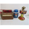 Image 4 : Sharp Radio (untested) - Platter - Painted Oil Lamp - Snoopy Thermos - Fire King Bowl & Lid - GlasBa