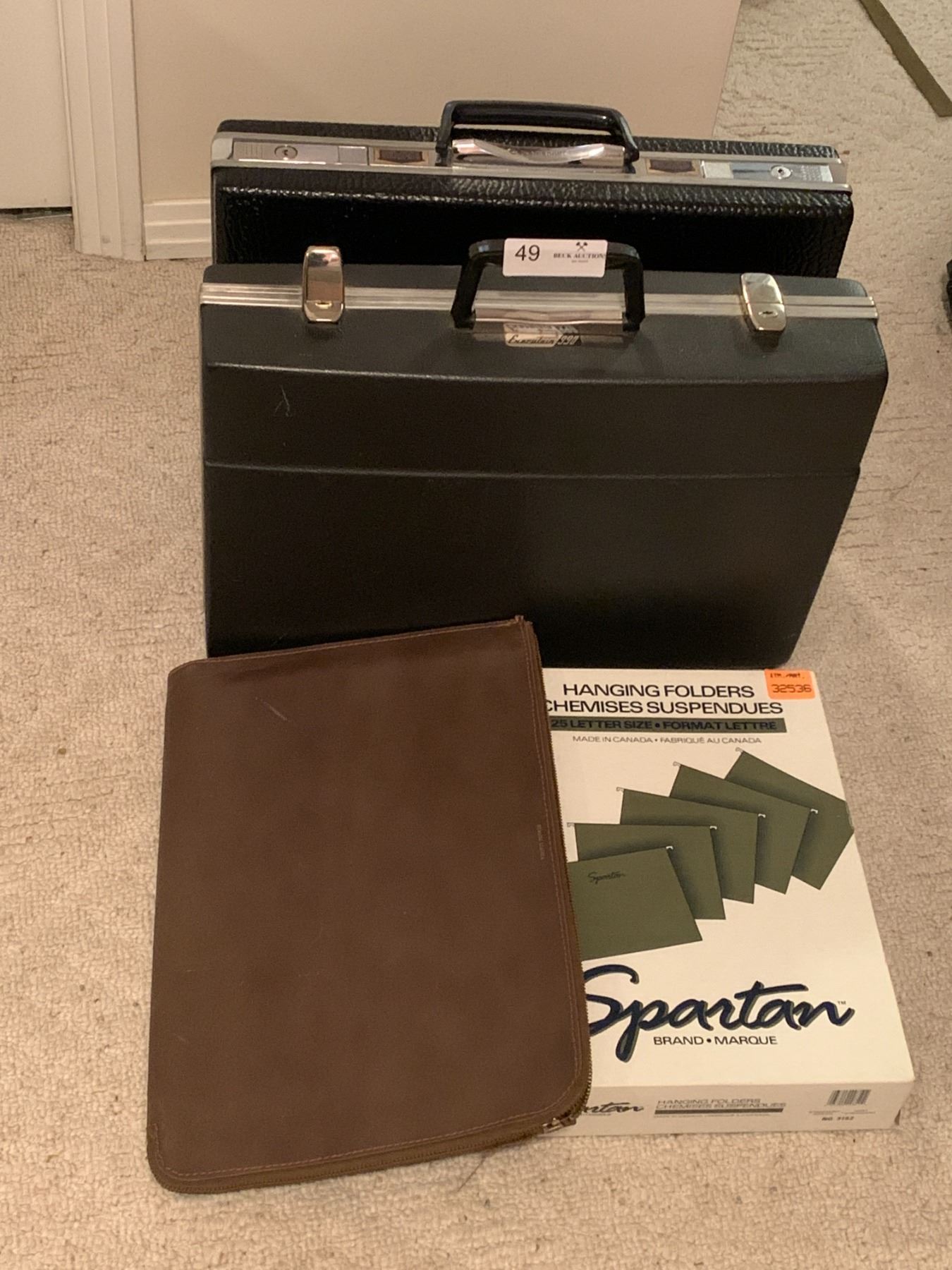 2 x Briefcases, 1 x Genuine Leather File Folder, and Box of Hanging ...