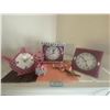 Image 1 : 3 Assorted Wall Clocks,  2 Are Quartz and 1 is embroidered. Decorative Glass Flower and Wish Elephan
