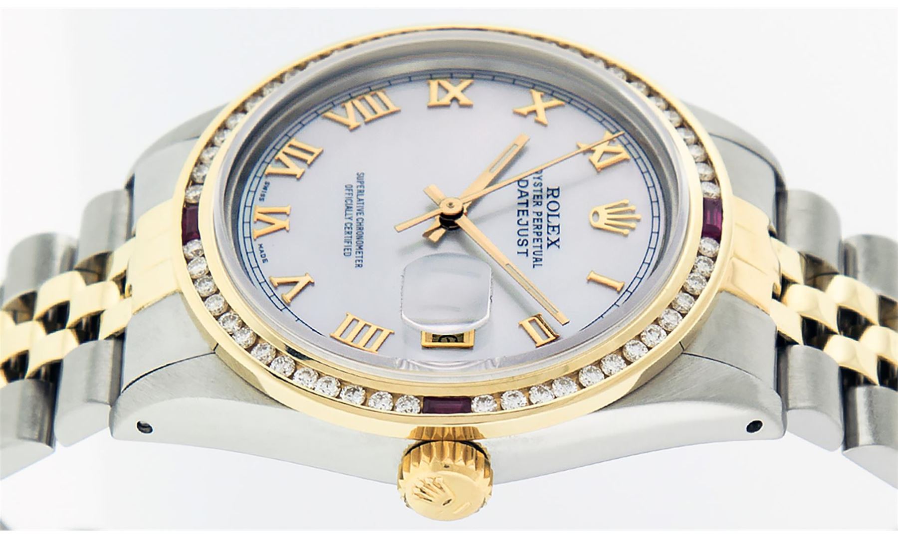 Rolex Mens 2 Tone MOP Roman & Ruby Channel Set Diamond Datejust Wristwatch