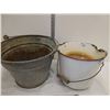 Image 1 : 2 pails: 1 enamel, 1 galvanized w/ hole in bottom