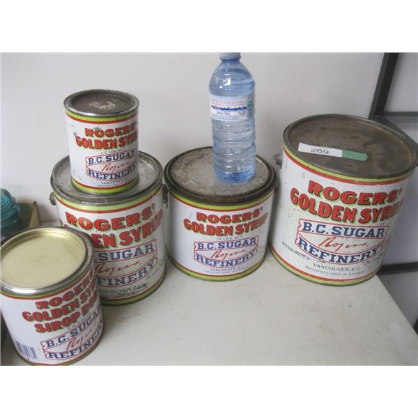 5 Rogers Syrup cans: 20lb, 2x 10lbs, 5lb, 2lb