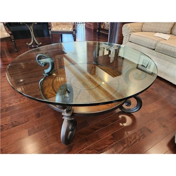 Stanley Furniture Glass & Wood Coffee Table 46L x 22H 1 Inch Thick Glass