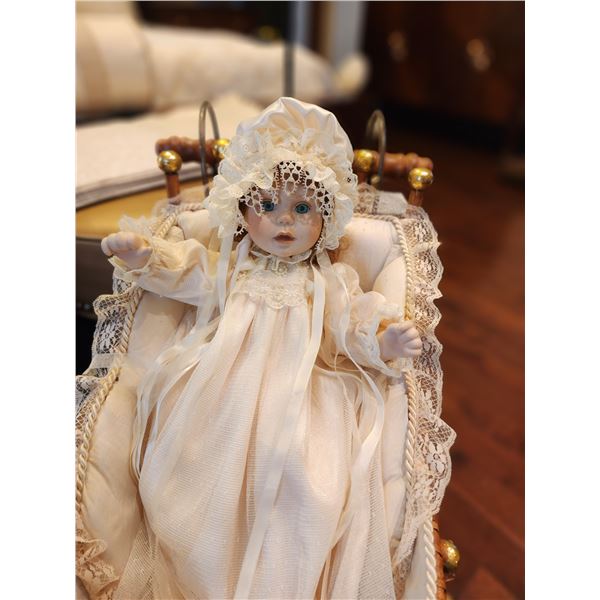 Victorian Baby In Pram Porcelain Doll 47H x 26L