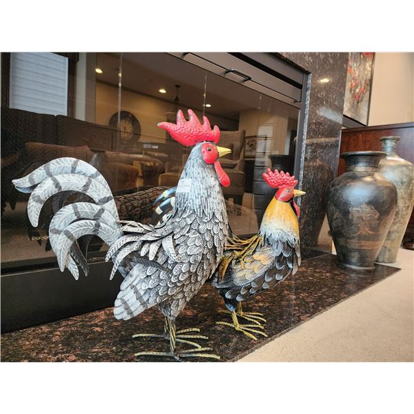 Two Metal Roosters 19" H