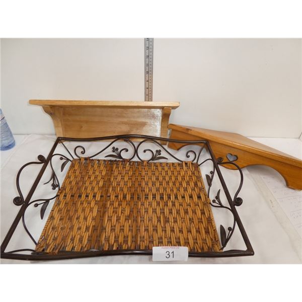 wooden shelves, decorative tray
