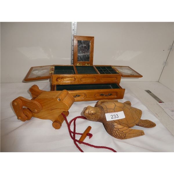 wooden jewelry box, frog, & turtle