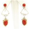 Image 1 : Antique 14K Yellow Gold Round & Oval Cabochon Coral Open Dangle Drop Earrings