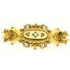 Image 2 : Antique Victorian 9k Yellow Gold Elongated Cartouche Brooch w/ 3 Old Cut Diamond