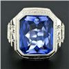 Image 2 : Antique 14k White Gold Large Rectangle Blue Stone Hand Engraved Statement Ring